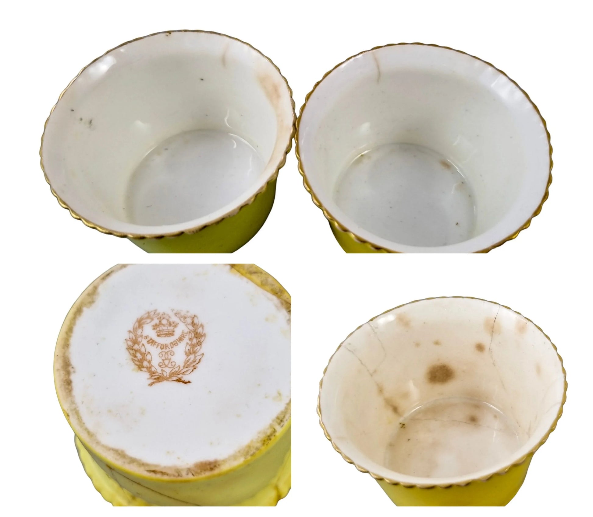 Cased set 6 Victorian porcelain demitasse coffee cups in sterling silver decorative holders, William Comyns
