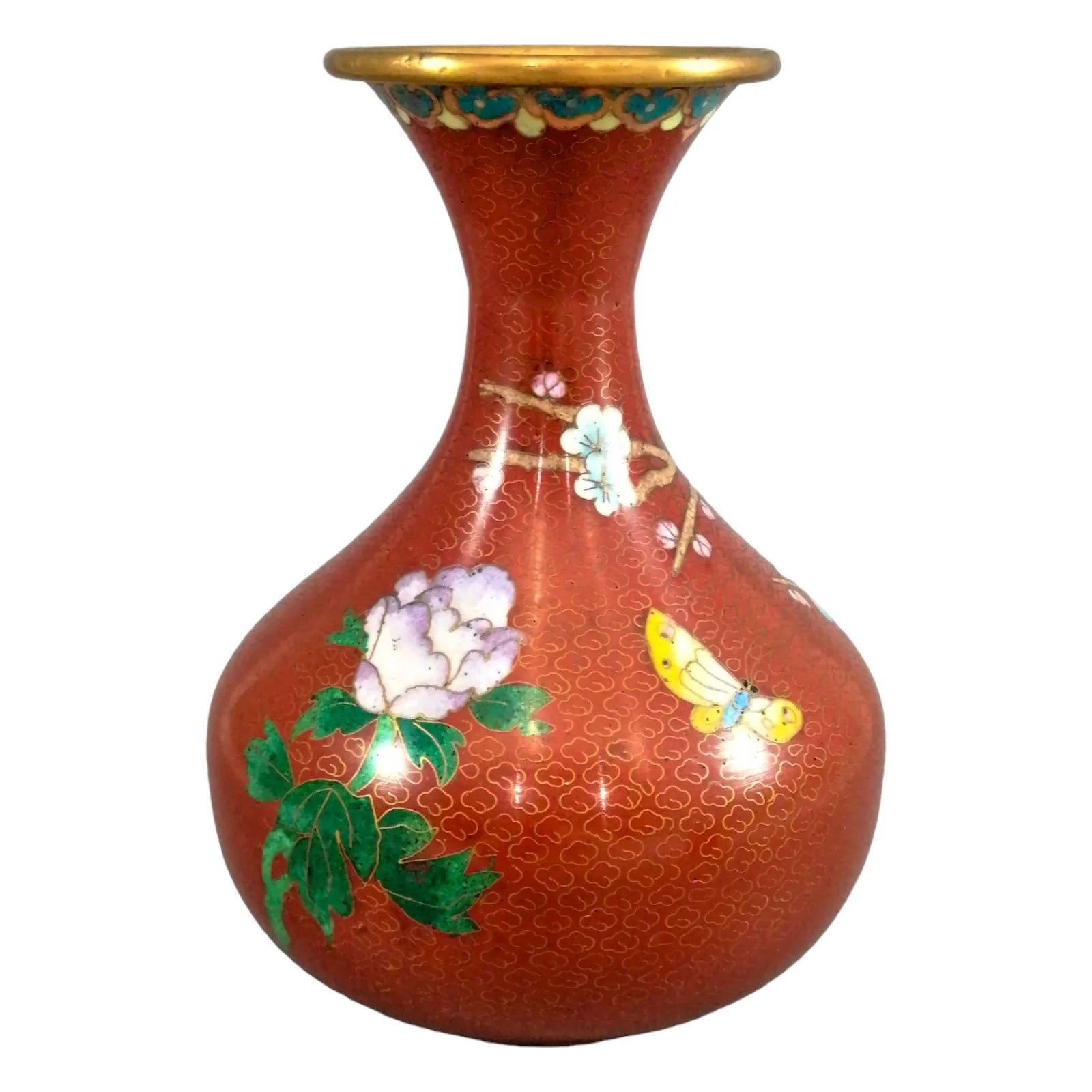 Vintage Chinese burnt red cloisonné bottle vase, pink and blue dogwood flowers
