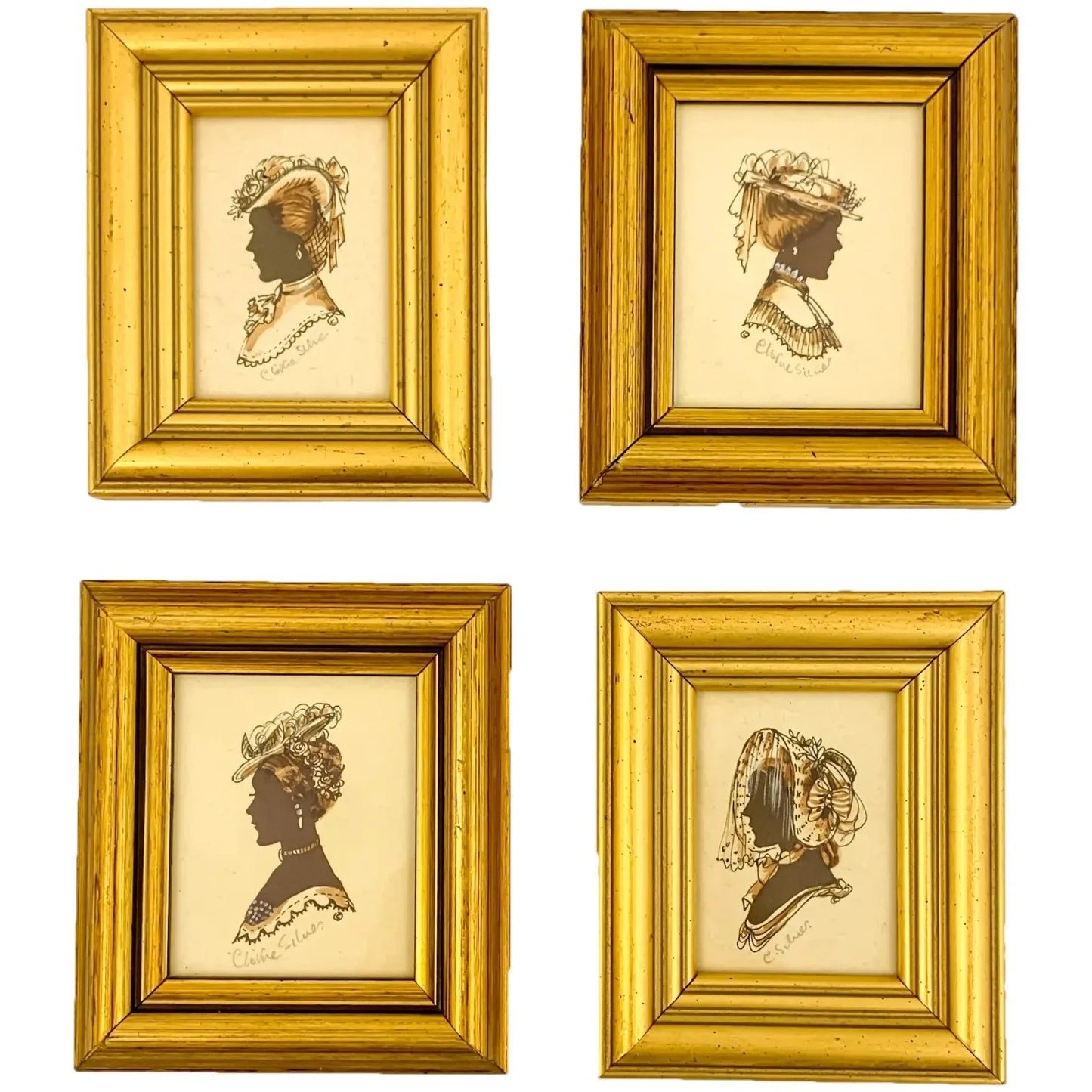 Vintage set of 4 Christine Silver silhouettes in gilt wood frames, sepia watercolour and pencil, signed, glazed