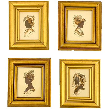 Vintage set of 4 Christine Silver silhouettes in gilt wood frames, sepia watercolour and pencil, signed, glazed