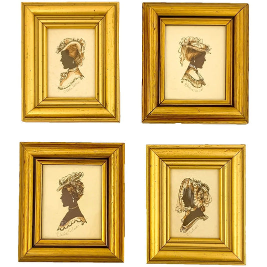 Vintage set of 4 Christine Silver silhouettes in gilt wood frames, sepia watercolour and pencil, signed, glazed
