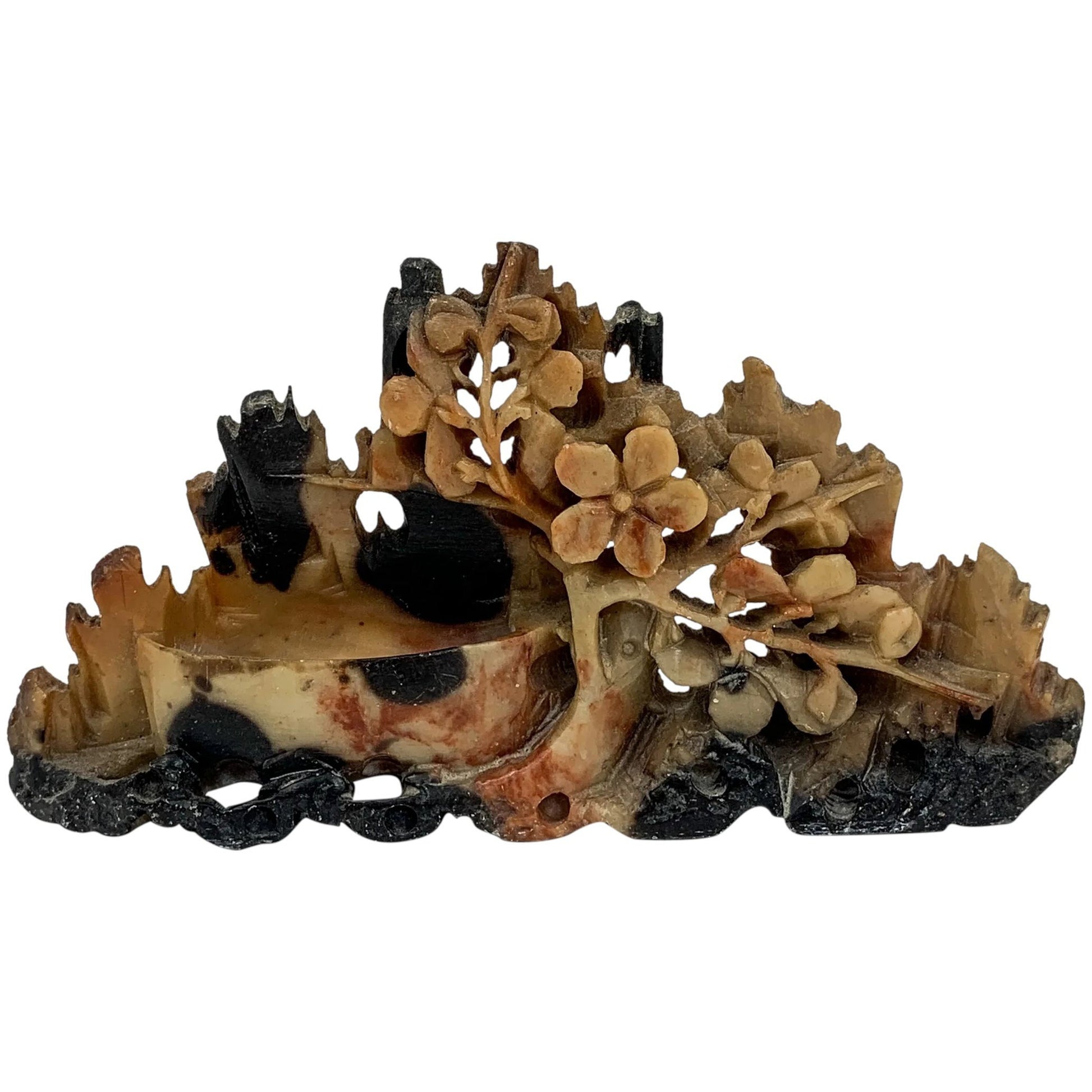Chinese Republic soapstone calligraphy brush washer pot figurine flowering prunus tree
