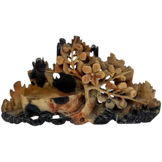 Chinese Republic soapstone calligraphy brush washer pot figurine flowering prunus tree