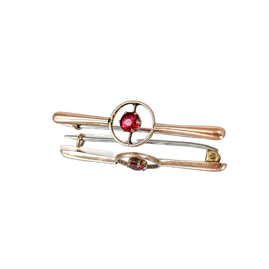 Victorian 9ct yellow gold ruby tie pin bar brooch, old European cut, C-clasp