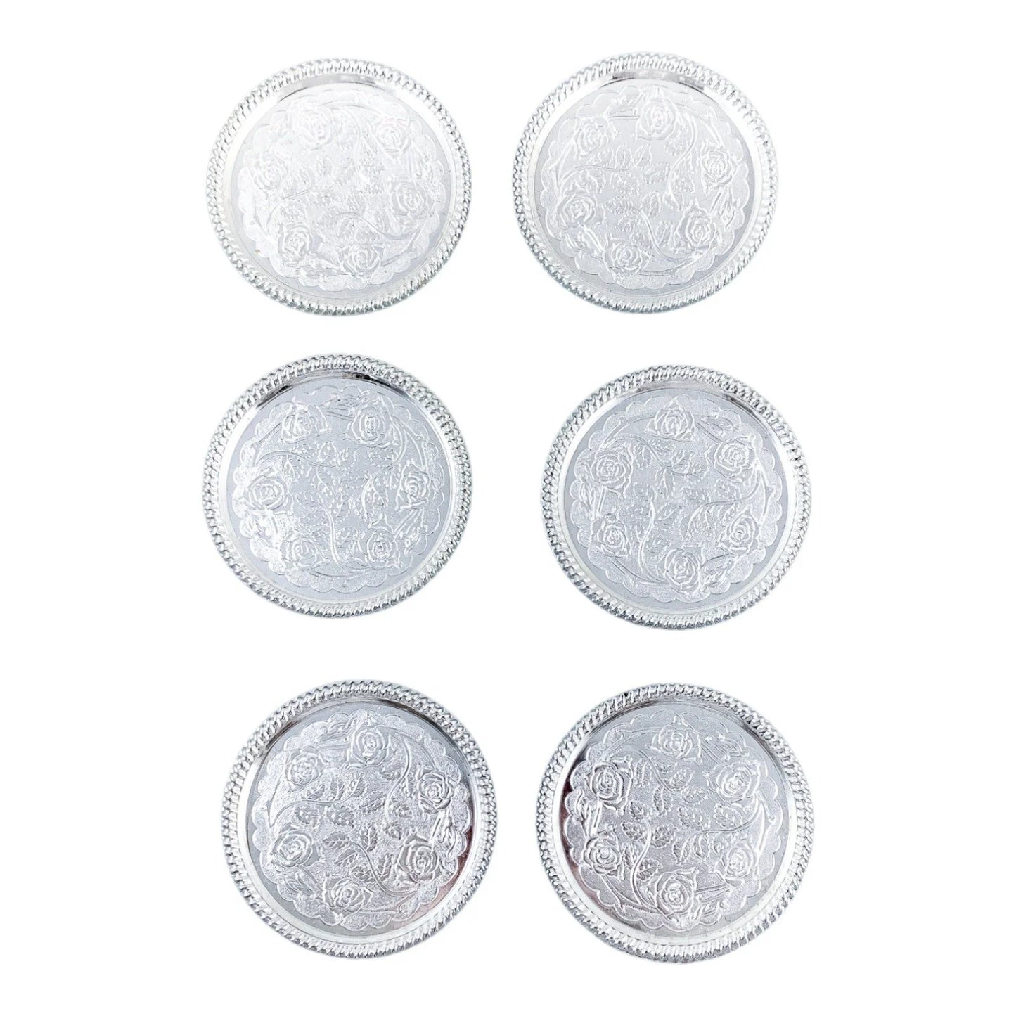 Vintage set of 7 Seba silver plated coasters etched with roses for wine bottle and glasses