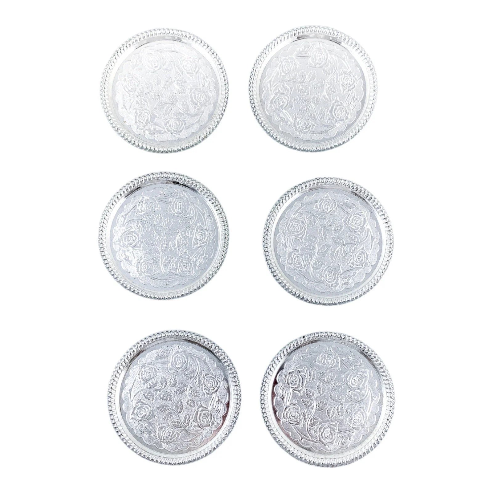 Vintage set of 7 Seba silver plated coasters etched with roses for wine bottle and glasses