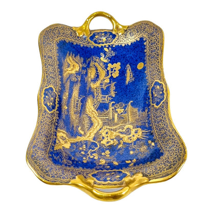 Art Deco Wilton Ware centrepiece two-handled oblong bowl, AG Harley Jones gold and cobalt blue Chinoiserie 5008