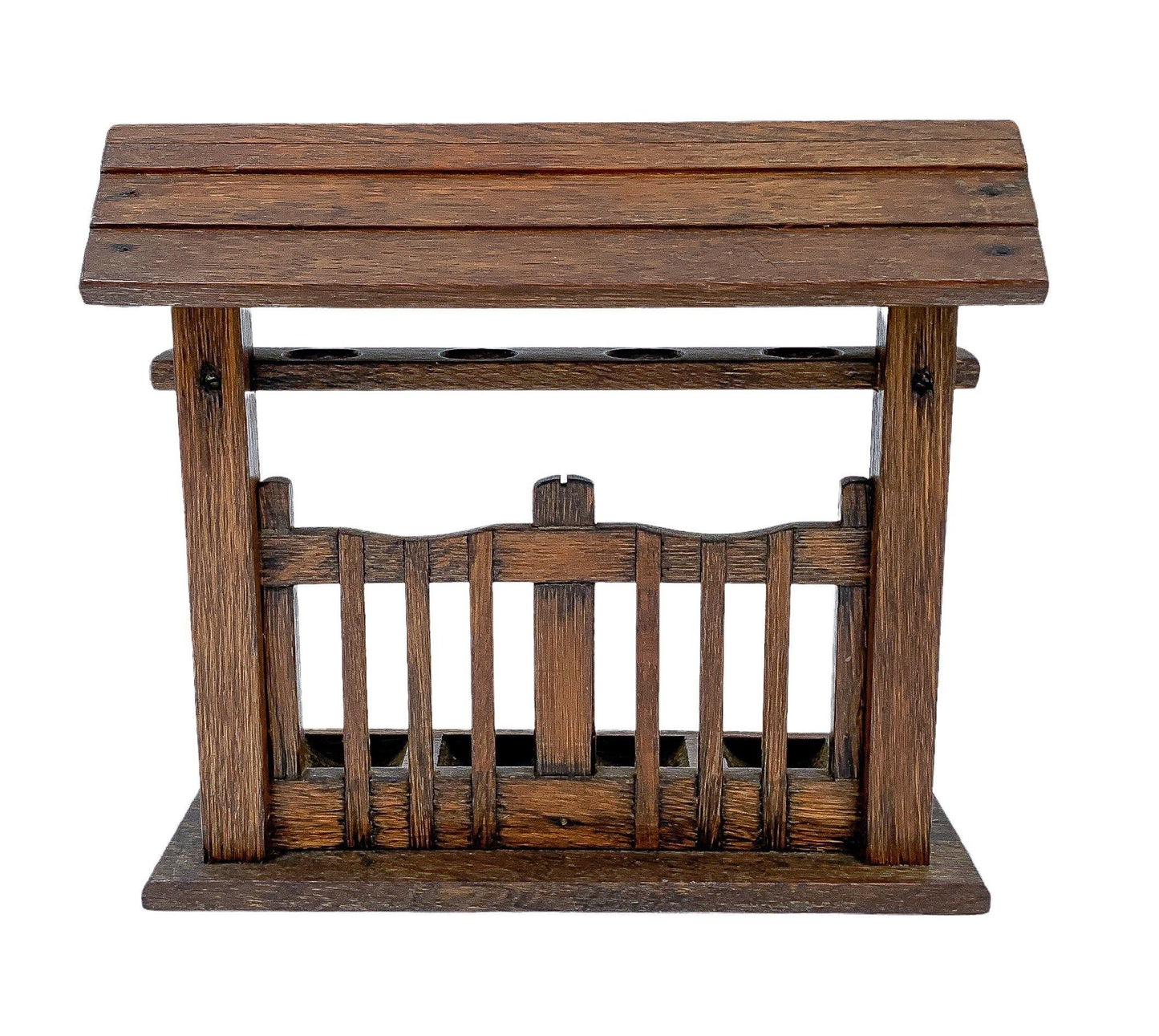 Vintage novelty oak 4-pipe rack stand in the form of a fence with roof on top