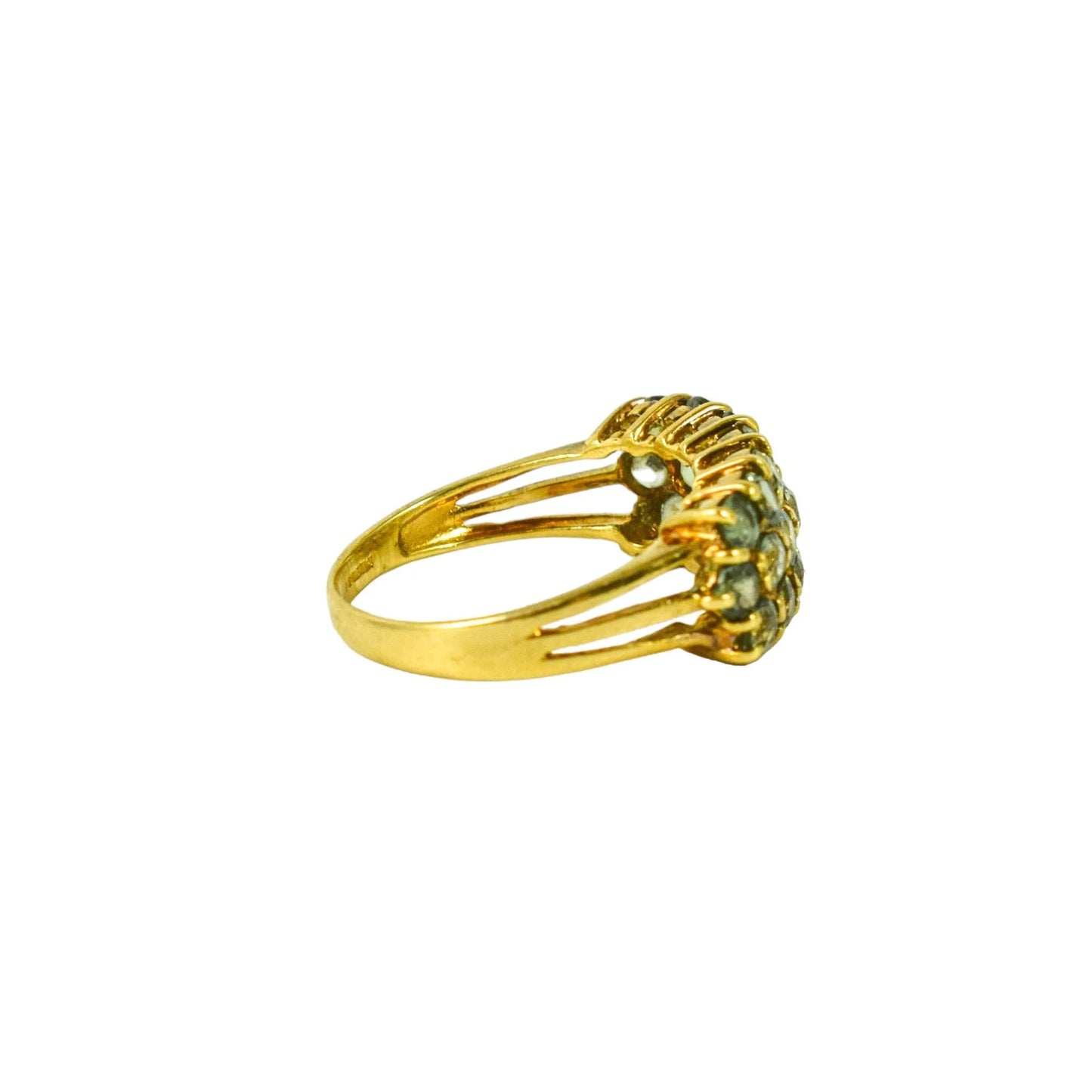 Vintage 9ct yellow gold alexandrite triple row band dress ring size N, split shank