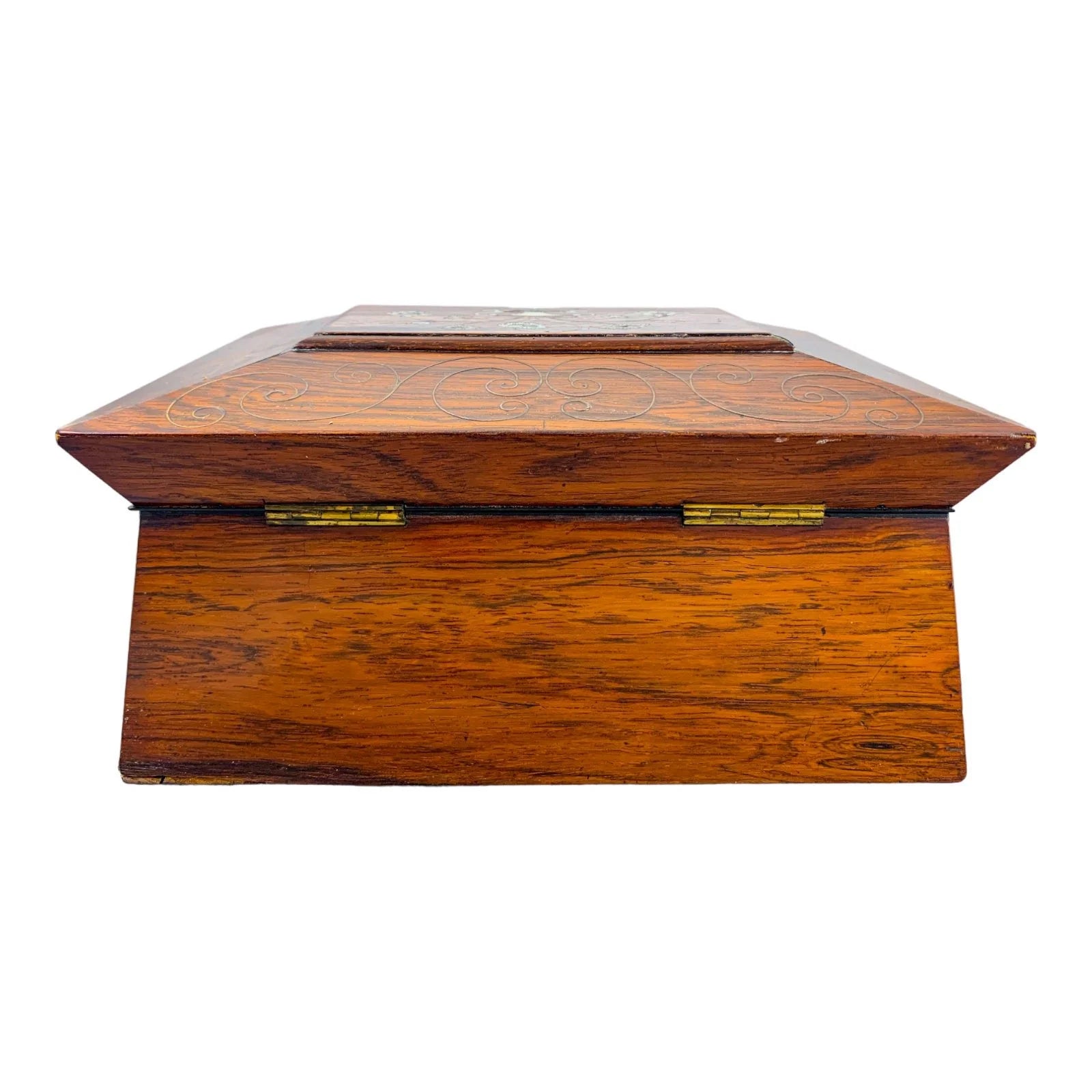 William IV rosewood sarcophagus jewellery box with turned handles and floral mother-of-pearl inlay