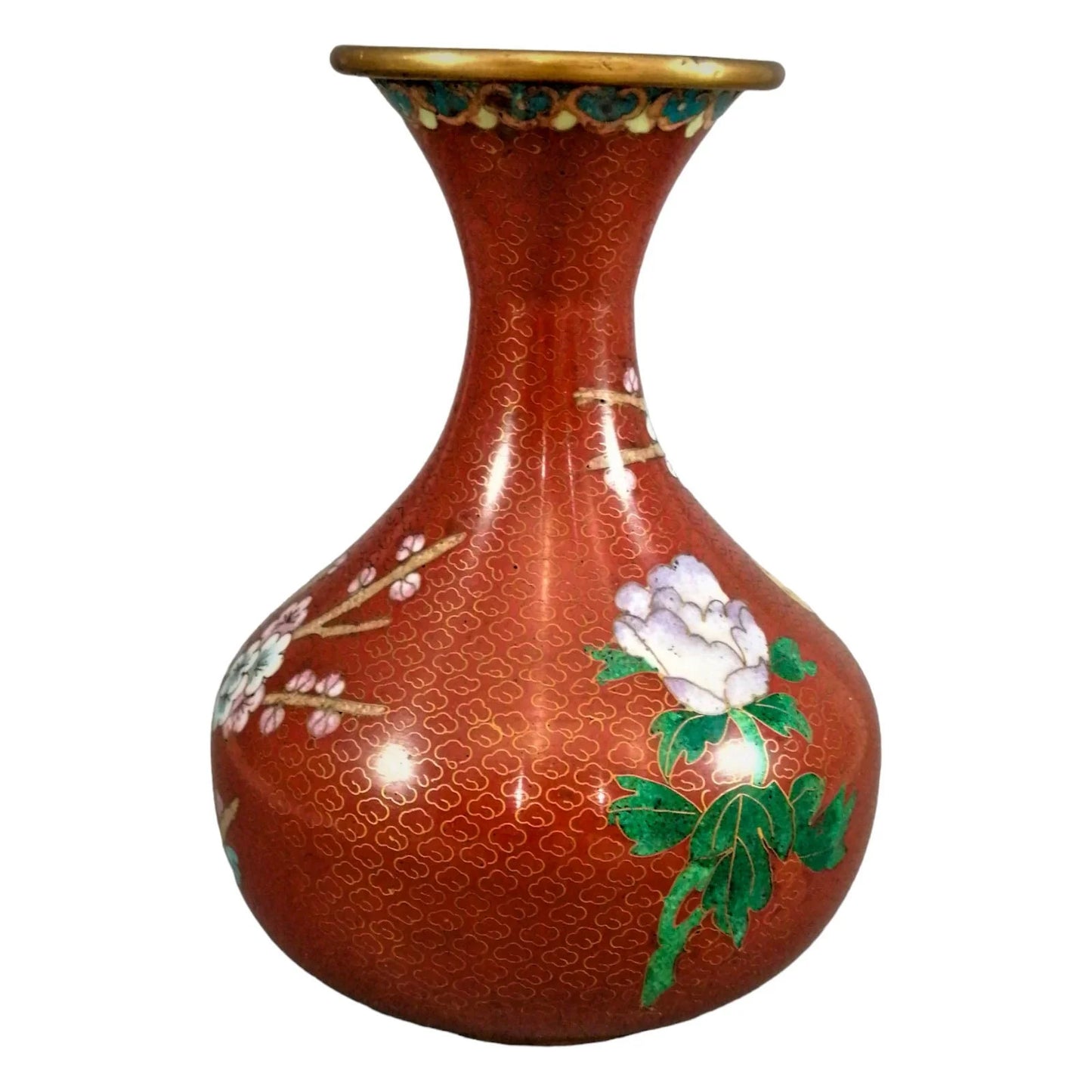 Vintage Chinese burnt red cloisonné bottle vase, pink and blue dogwood flowers