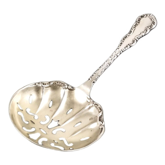 Sterling silver gilded sugar sifter / bonbon / nut candy spoon embossed with scrolls