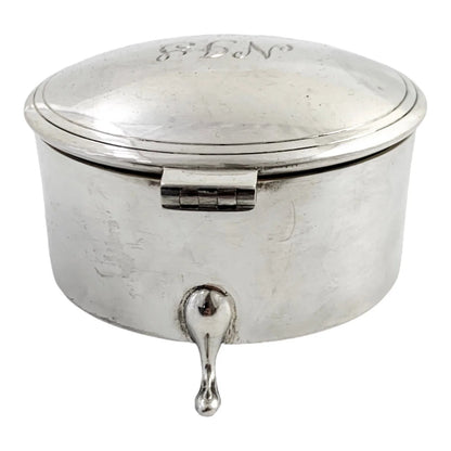 Large vintage sterling silver keepsake trinket toilet box, round body on hoof feet