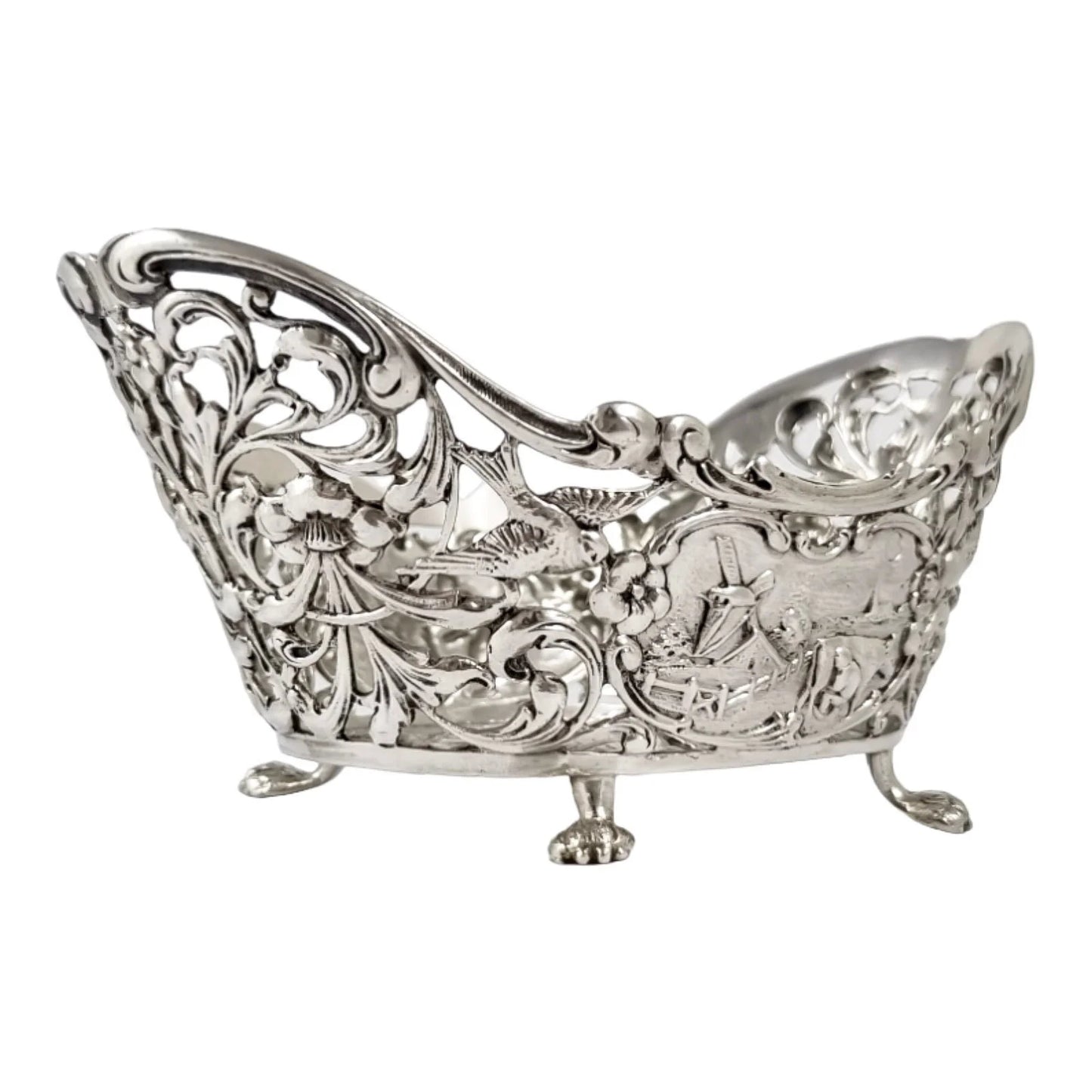 Bijkamp & Co Dutch silver bon bon pierced basket lion paw feet, village scenes and sugar tongs