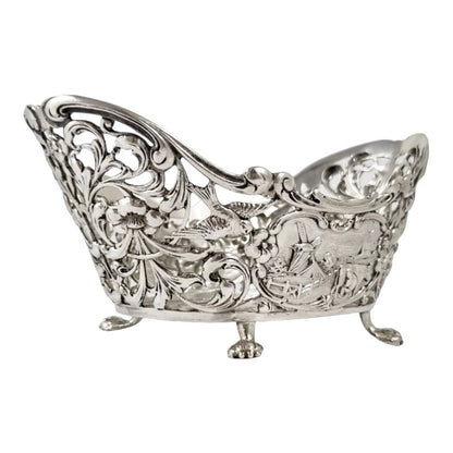 Bijkamp & Co Dutch silver bon bon pierced basket lion paw feet, village scenes and sugar tongs