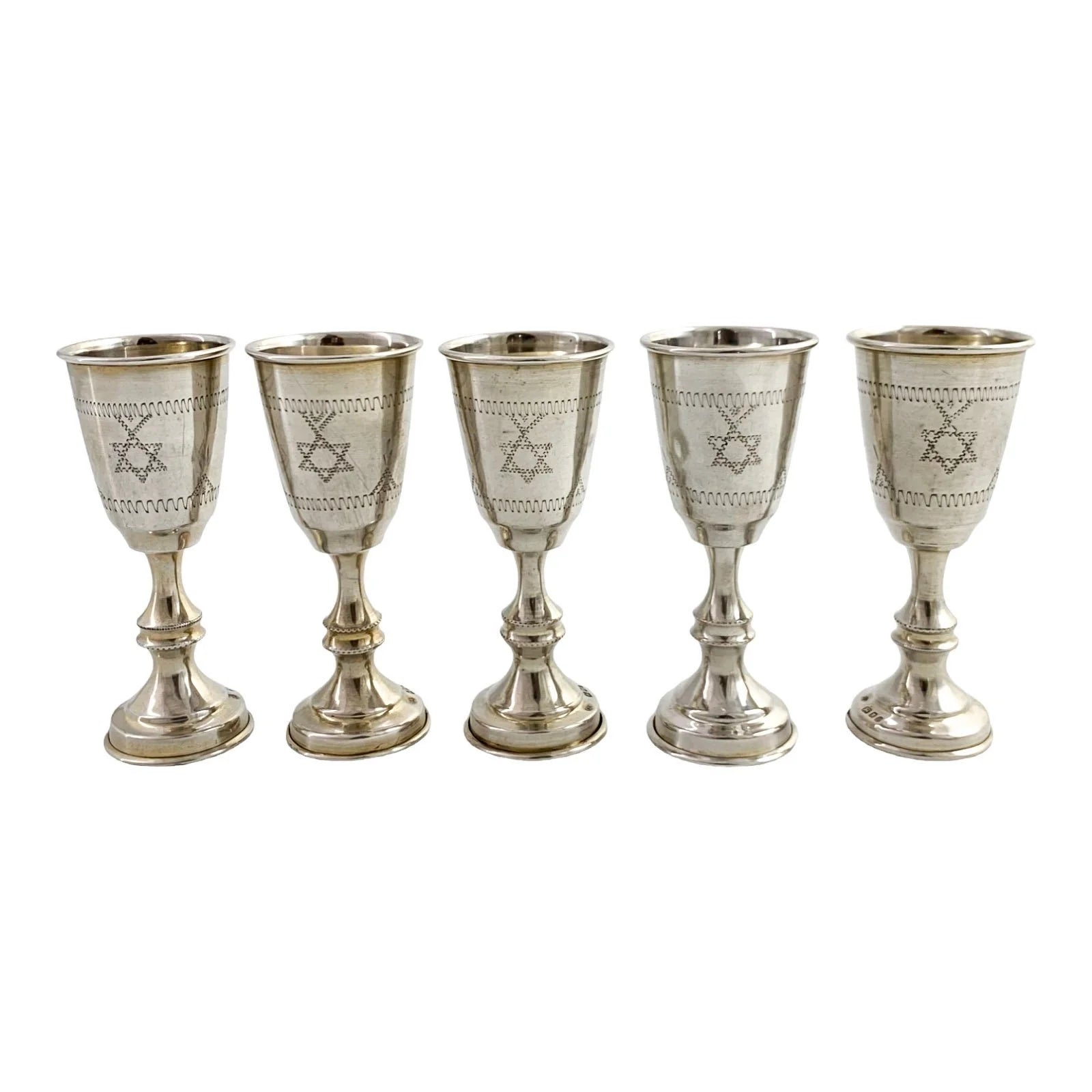 George V Jacob Rosenzweig 5 gilt sterling silver Kiddush wine cups, Star of David wrigglework