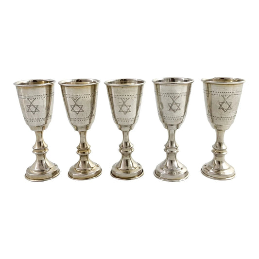 George V Jacob Rosenzweig 5 gilt sterling silver Kiddush wine cups, Star of David wrigglework