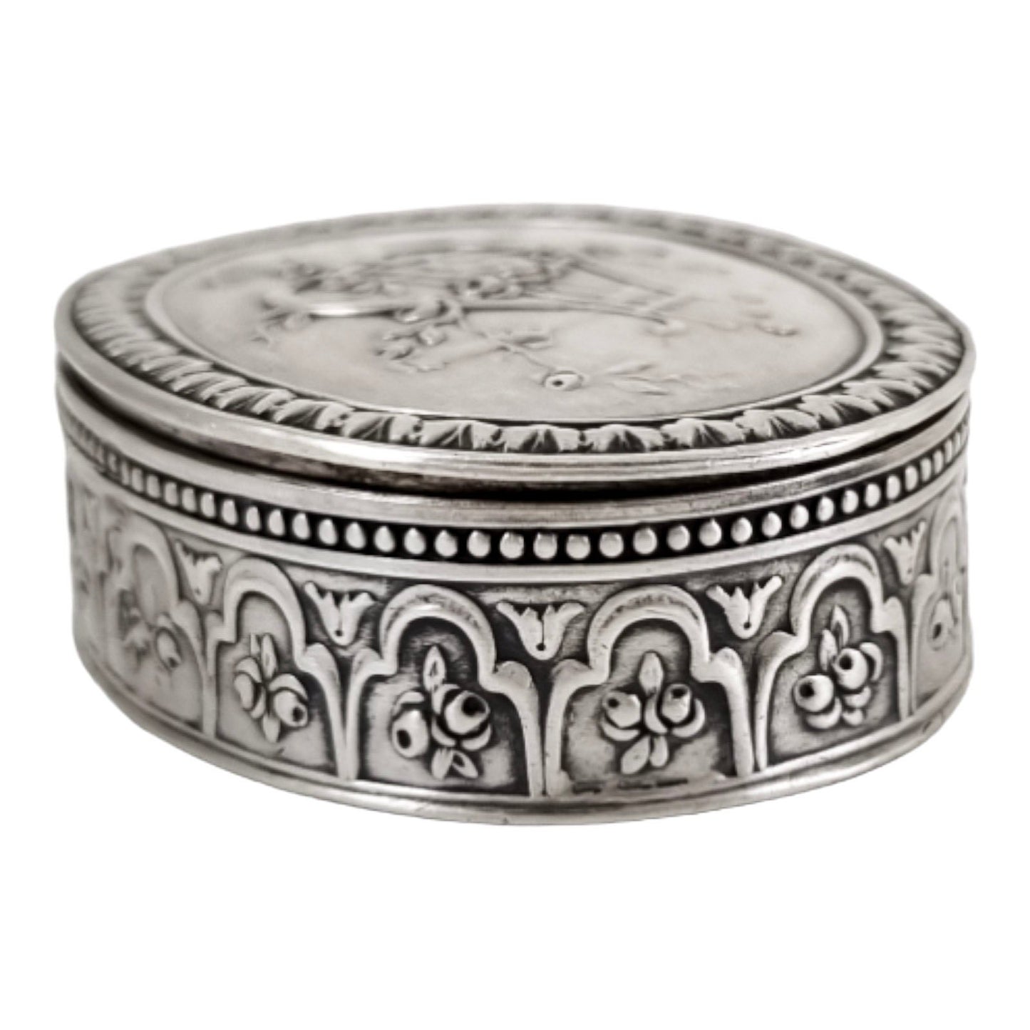 Antique Continental gilt solid silver oval snuff / pill box embossed with lyre and flower garlands