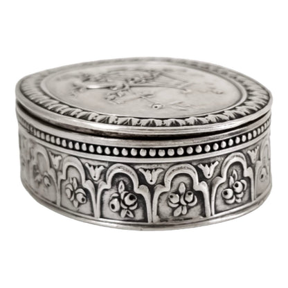 Antique Continental gilt solid silver oval snuff / pill box embossed with lyre and flower garlands