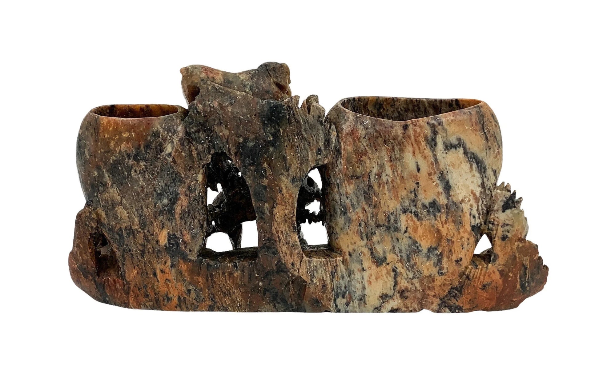 Chinese Republic soapstone calligraphy figural double brush pot figurine with monkeys  and birds