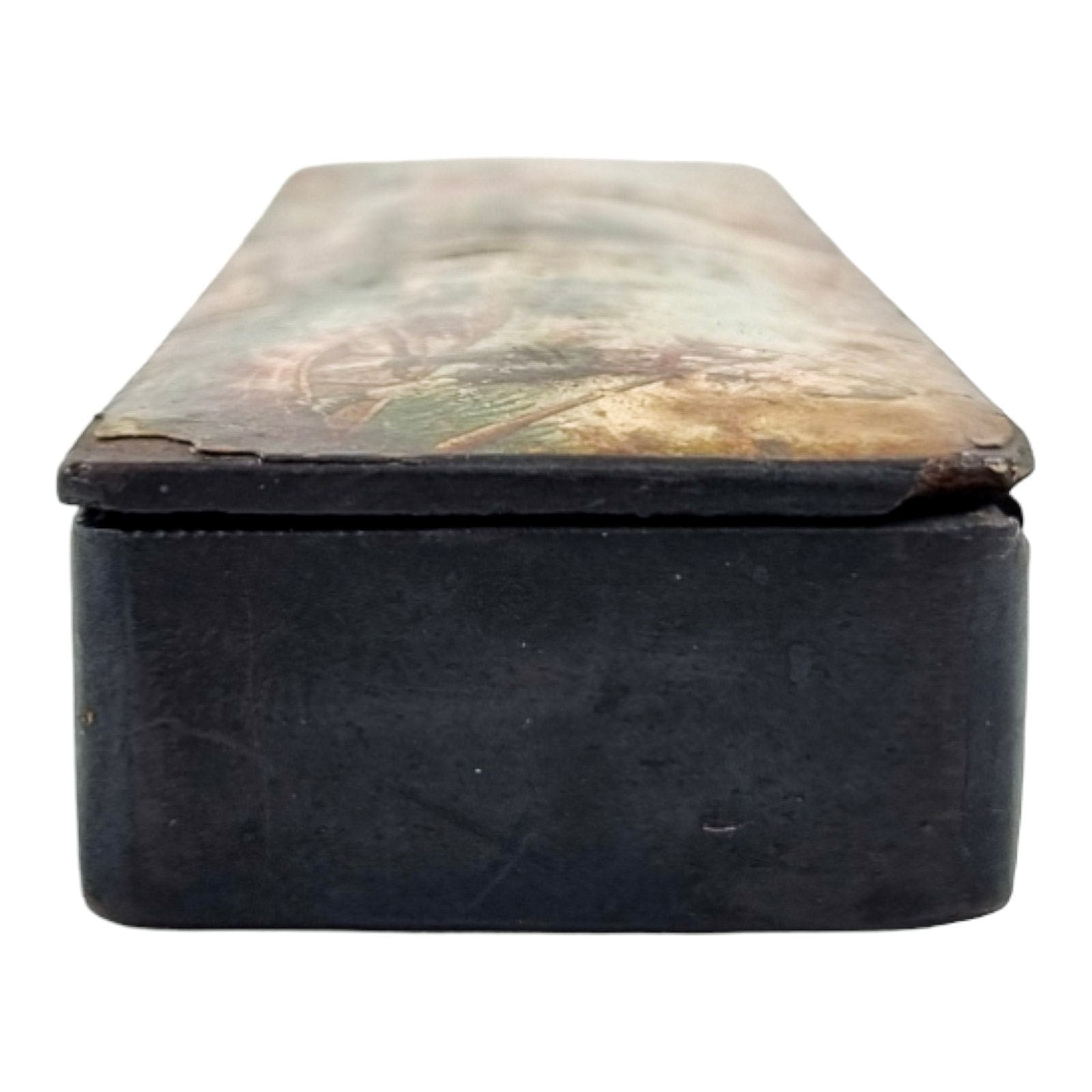 Victorian lacquered papier mache pencil case / pen box with hand-painted children