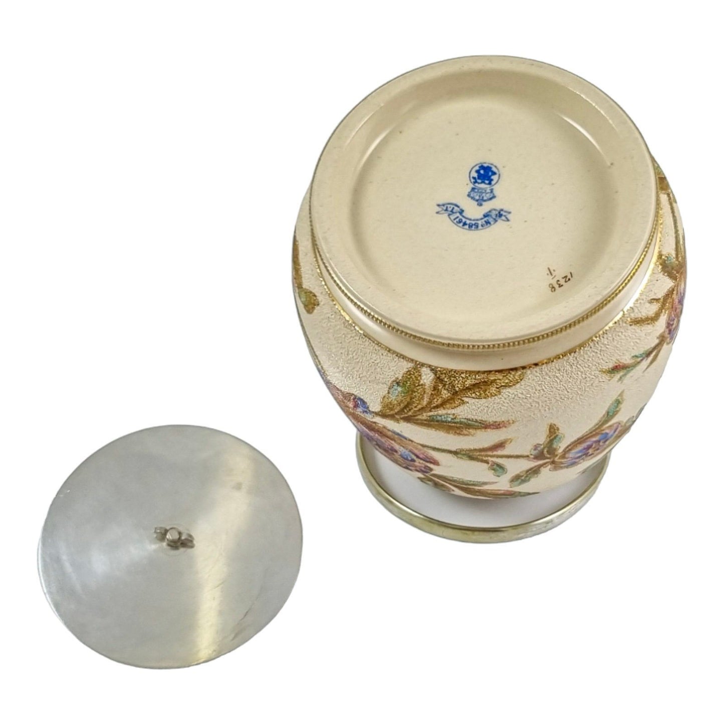 Art Nouveau Taylor Tunnicliffe & Co gilded pottery Secessionist peony floral biscuit barrel, silver plate mounts