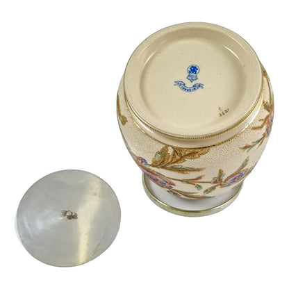 Art Nouveau Taylor Tunnicliffe & Co gilded pottery Secessionist peony floral biscuit barrel, silver plate mounts
