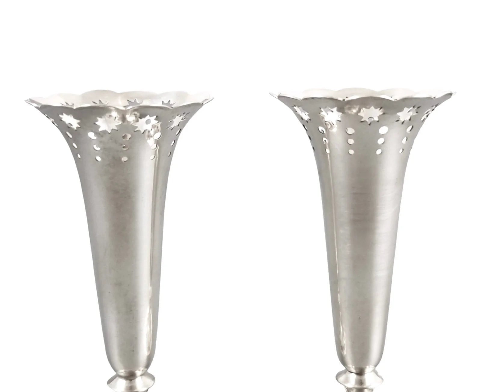 Edwardian German 835 solid silver pair of spill bud vases Bruckmann & Söhne, pierced star design