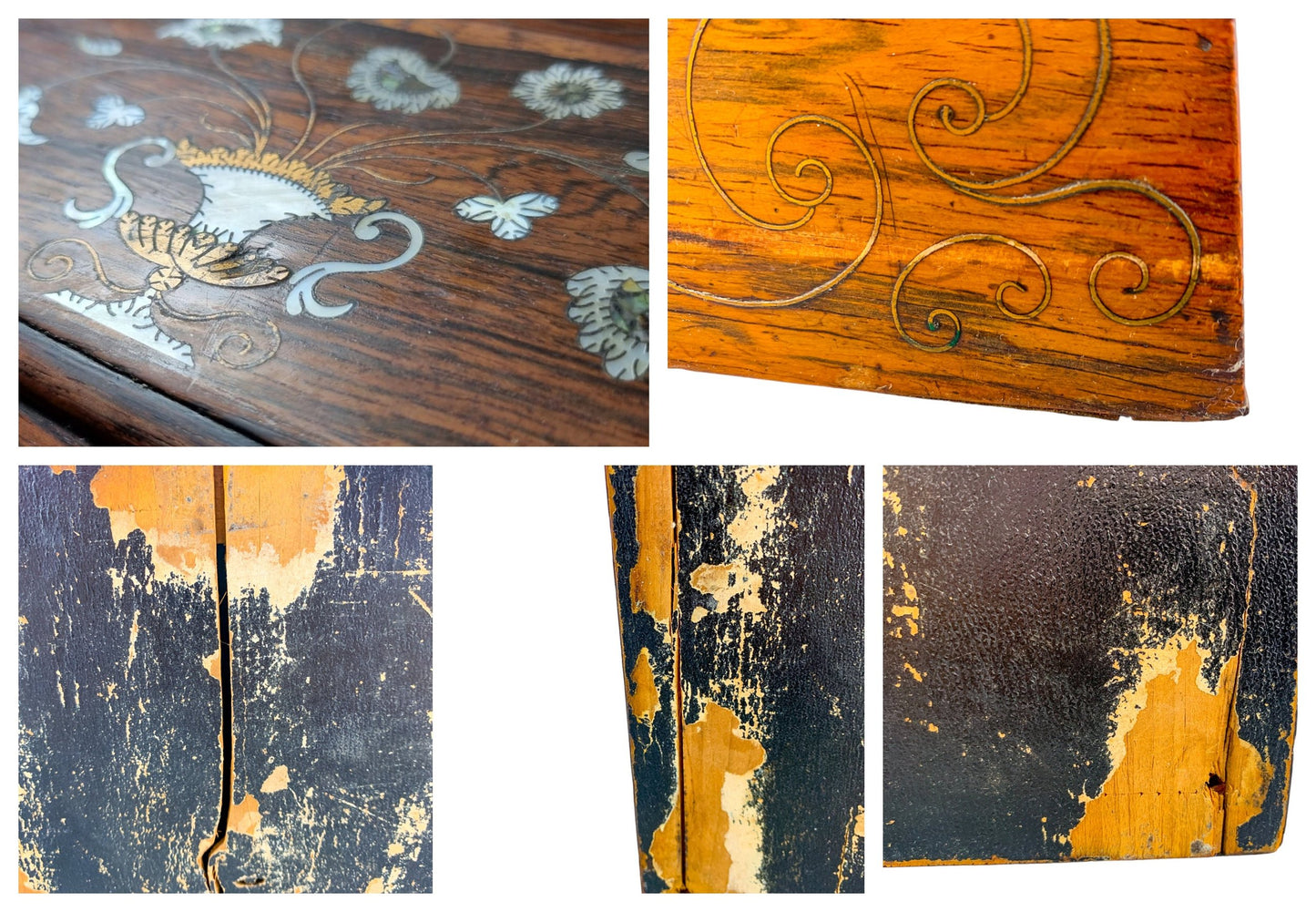 William IV rosewood sarcophagus jewellery box with turned handles and floral mother-of-pearl inlay