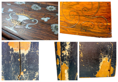 William IV rosewood sarcophagus jewellery box with turned handles and floral mother-of-pearl inlay