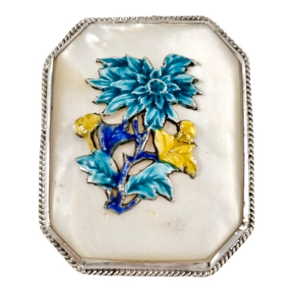 Antique Chinese export silver, enamel and mother-of-pearl large belt buckle, applied chrysanthemum flowers