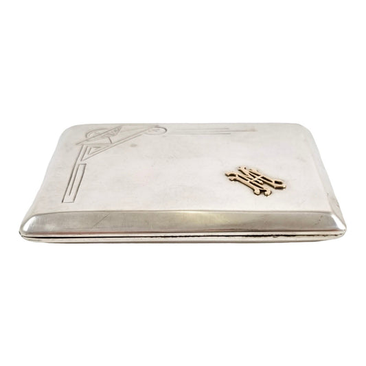 Art Deco Polish solid silver 9 ct gold large cigarette case geometric engraving “Lewandowski” 117g