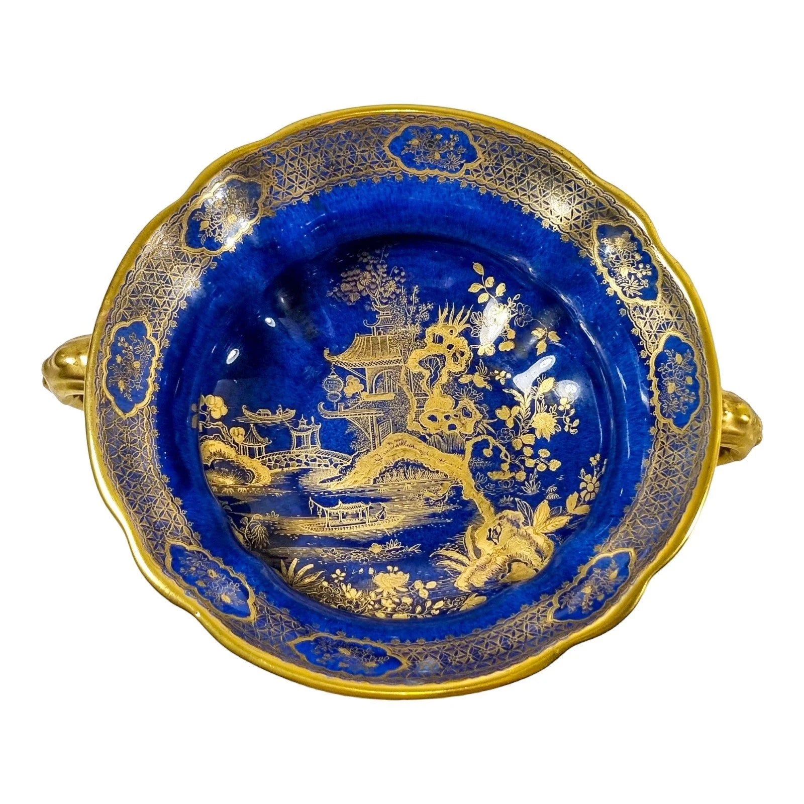 Art Deco Wilton Ware centrepiece two-handled bowl, AG Harley Jones gold and cobalt blue Chinoiserie 5008