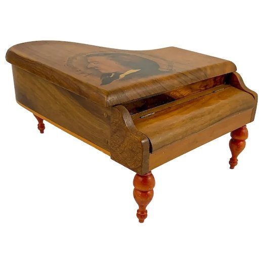 Antique Thorens baby grand piano walnut music jewellery box, silk lined, Emperor Waltz