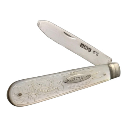 Edwardian sterling silver engraved mother-of-pearl folding pocket pen fruit knife, William Needham, 1907, inscribed “Amy”