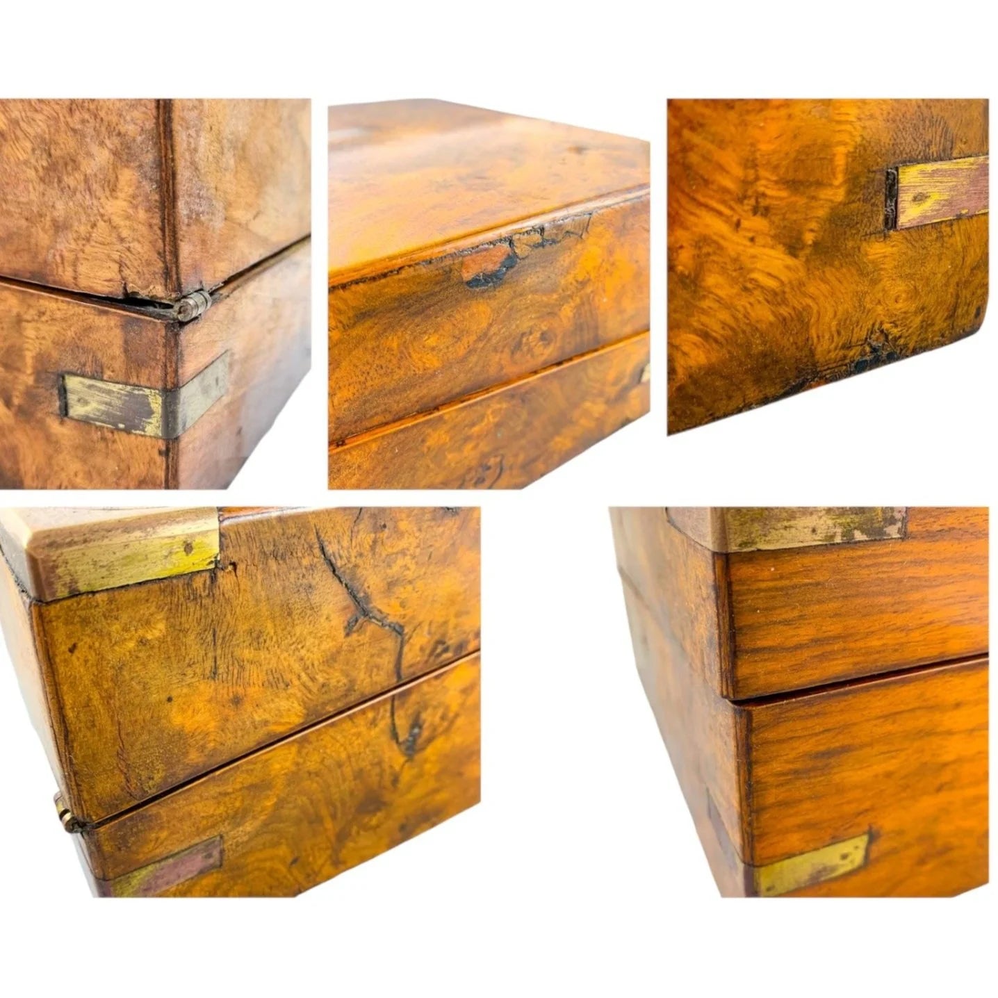 Victorian walnut military campaign writing slope with brass mounts and vacant shield, with key