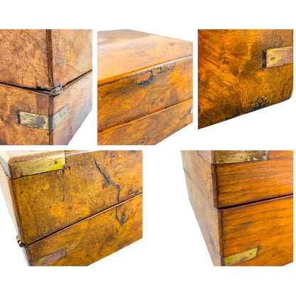 Victorian walnut military campaign writing slope with brass mounts and vacant shield, with key