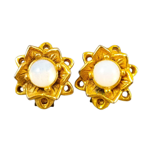 1960's gold plated opalite floral cluster ear clips