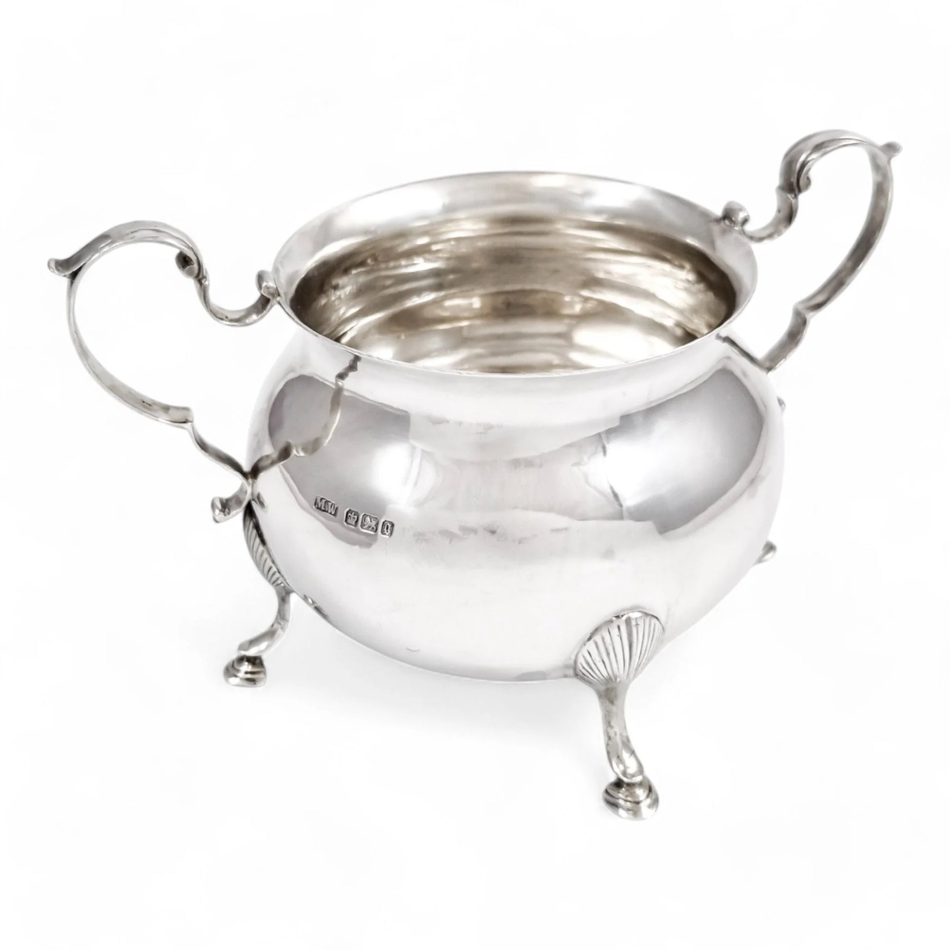 Large antique English sterling silver sugar bowl with hoof feet and scroll handles, Sheffield 1899