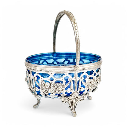 Antique silver-plated basket with sapphire blue glass, Roman Plewkiewicz, Louis XVI style, circa 1900
