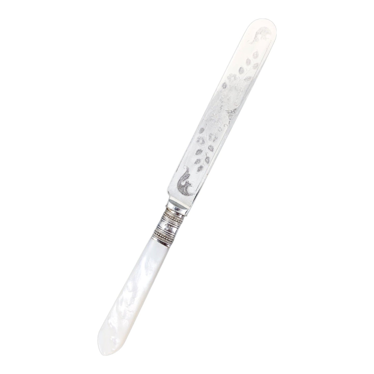 Cased Edwardian 6 person dessert fruit knife set with mother-of-pearl handles and engraved blades