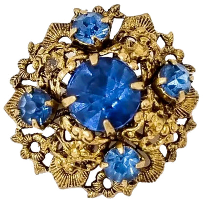 1960’s small Czechoslovakian blue glass gilt filigree brooch