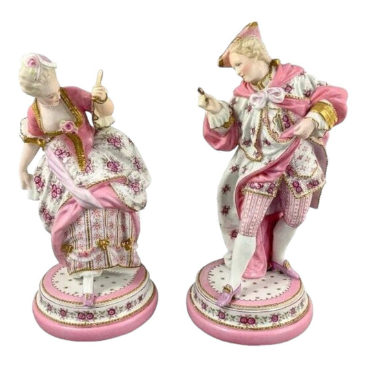 Vion & Baury Paris porcelain pair of 2 figurines of masquerade dancers in Rococo pink floral costumes