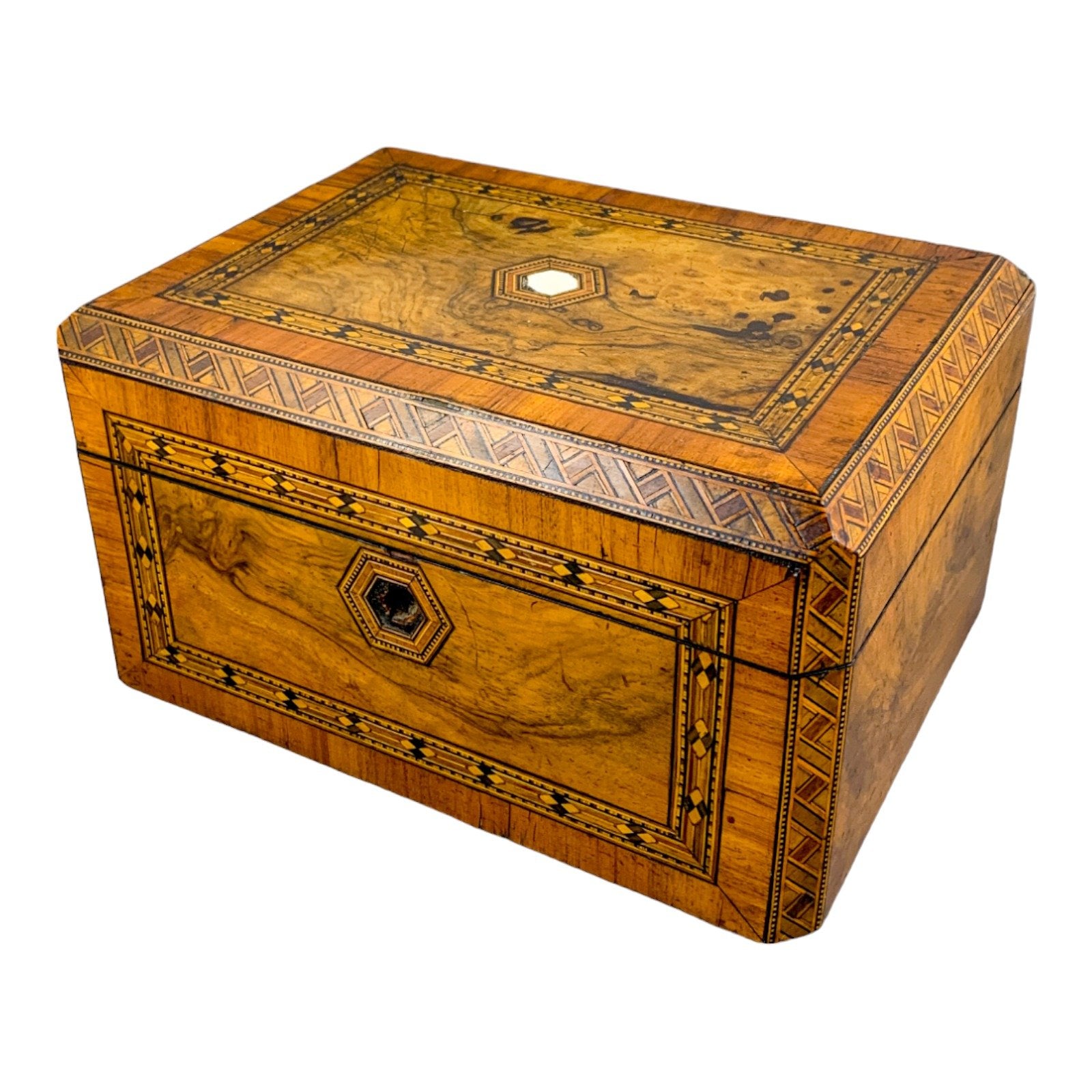 Victorian Tunbridge Ware bevelled casket jewellery box with geometric marquetry