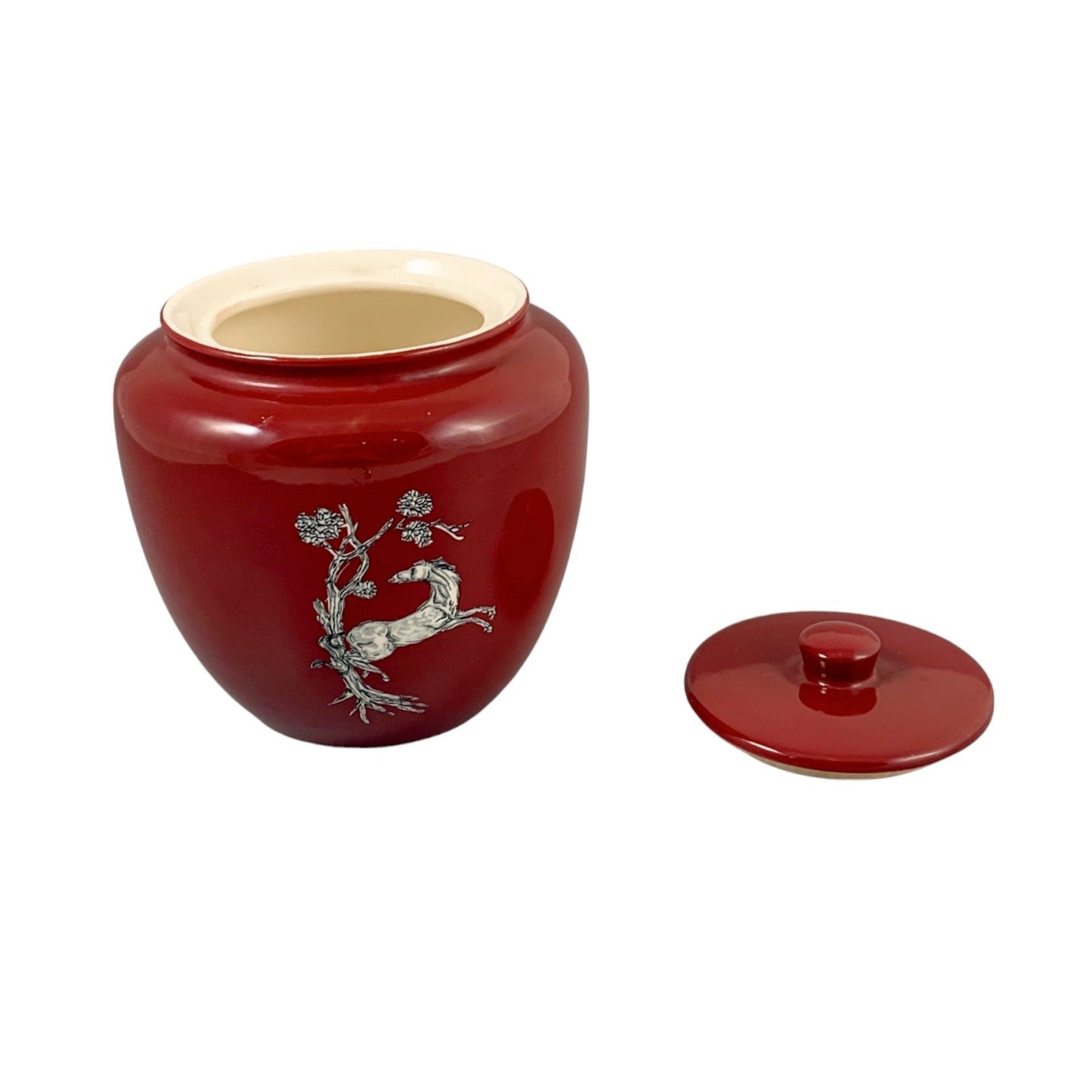 Art Deco red and white Pegasus horse Crown Devon sugar jar / tea container with lid