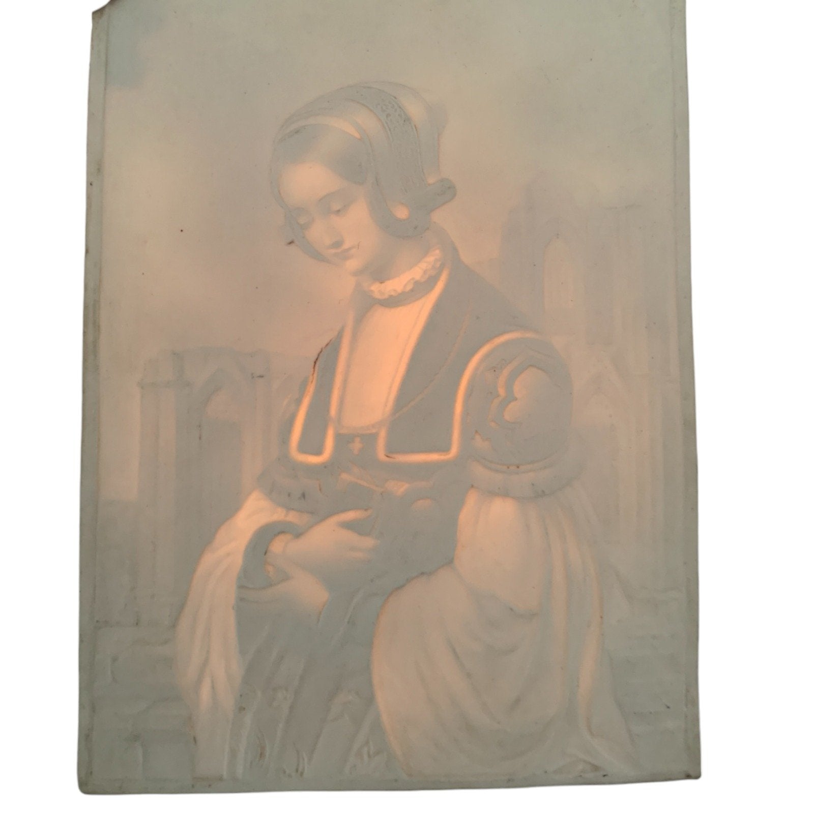 19th century German porcelain lithophane of Renaissance religious young woman in front of Cologne Cathedral (The Churchgoer by Louis Blanc)