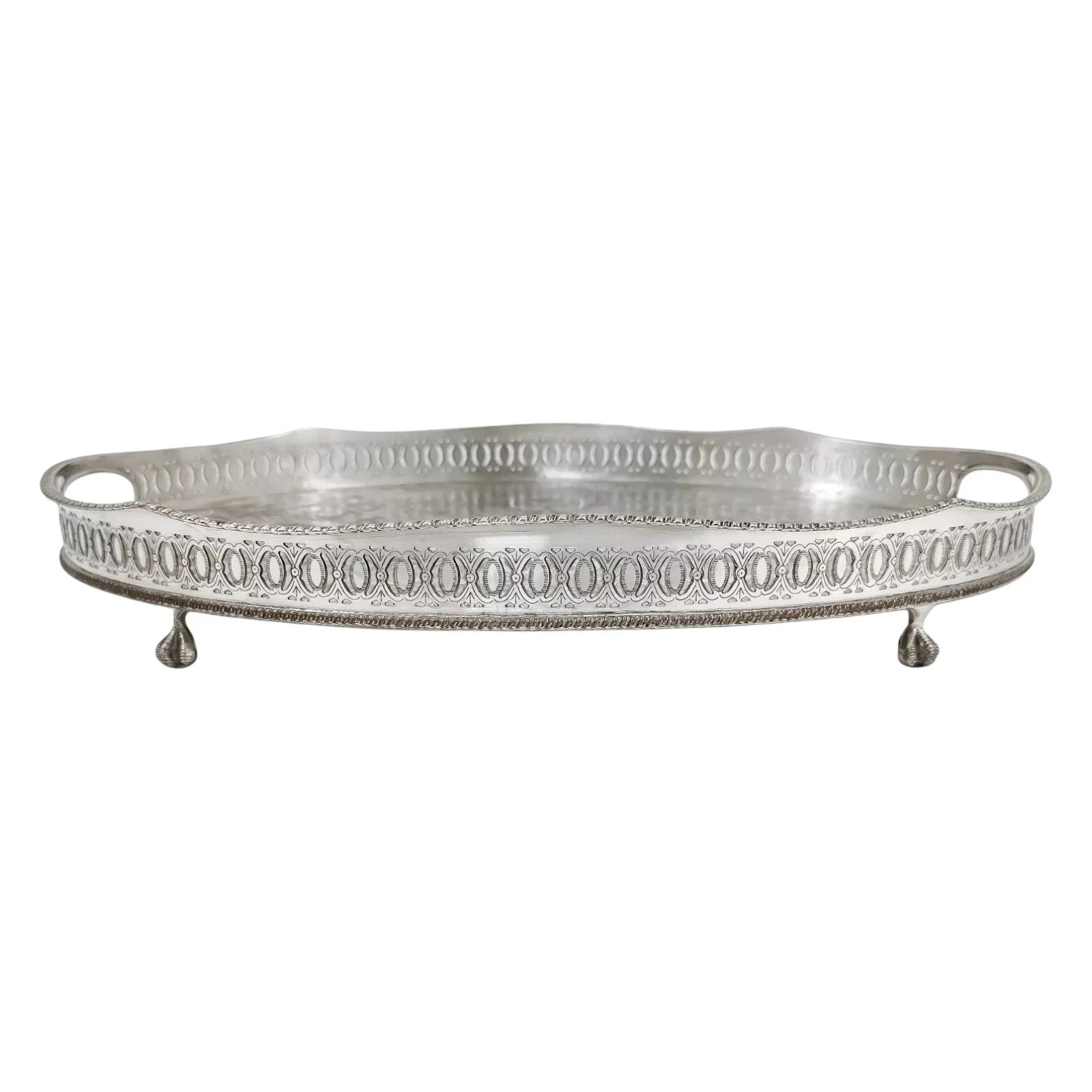 Vintage silver plated oval gallery serving tray on bird claw feet, in Louis XV style