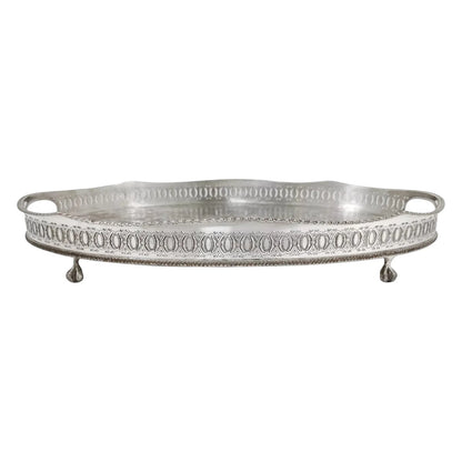 Vintage silver plated oval gallery serving tray on bird claw feet, in Louis XV style