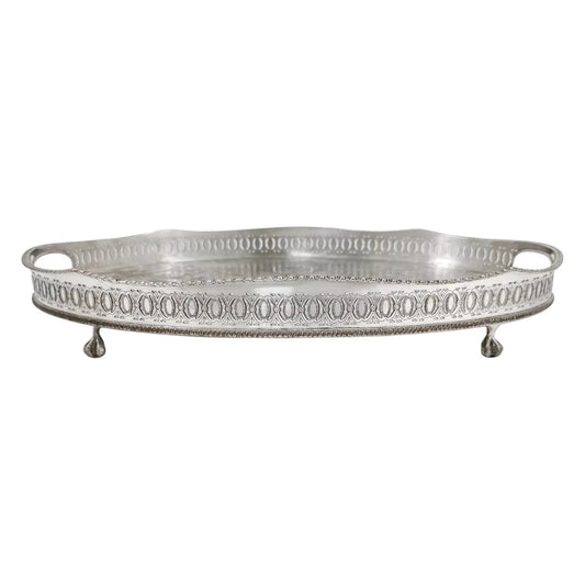 Vintage silver plated oval gallery serving tray on bird claw feet, in Louis XV style