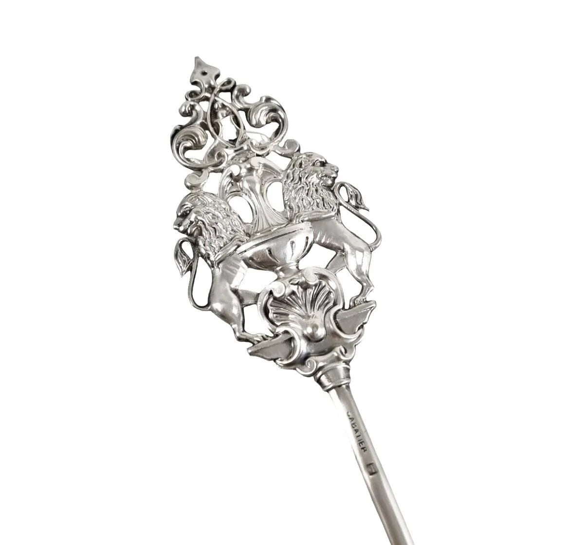 Antique French silver plate Sabatier Brochette meat vegetable skewer with Rococo standing lions top